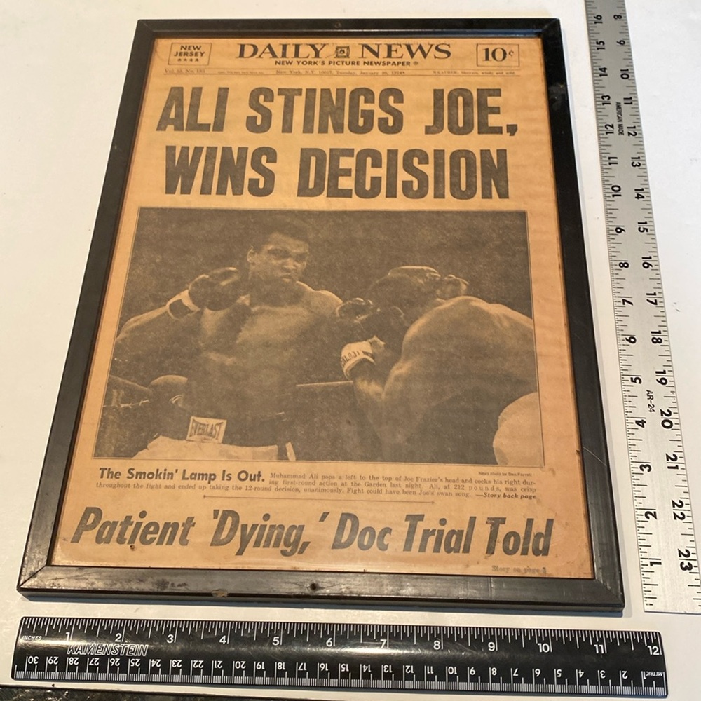 Framed NY Daily News 1/29/74 Ali Stings Joe, Wins Decision